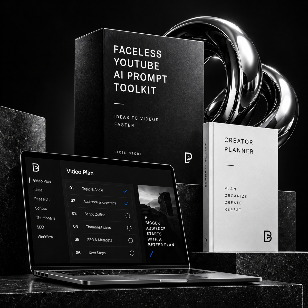 Conceptual Faceless YouTube AI Prompt Toolkit mockup. Digital download, no physical goods.