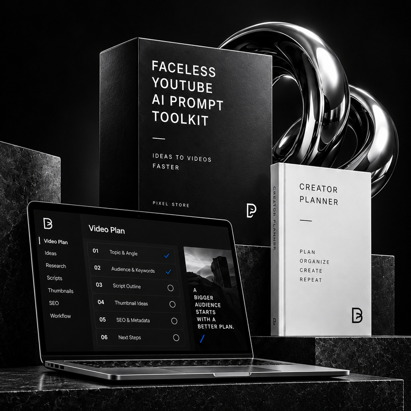 Conceptual Faceless YouTube AI Prompt Toolkit mockup. Digital download, no physical goods.